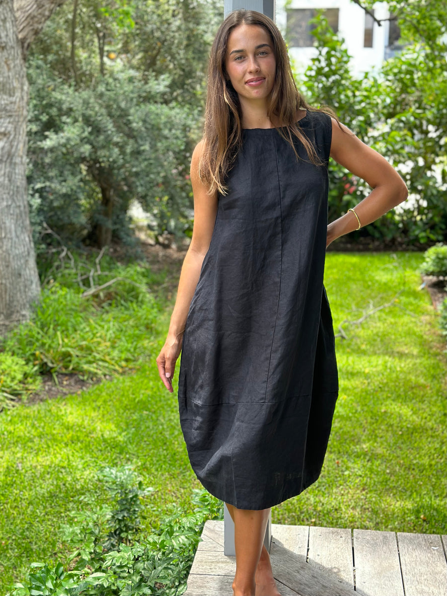 Black linen a line clearance dress