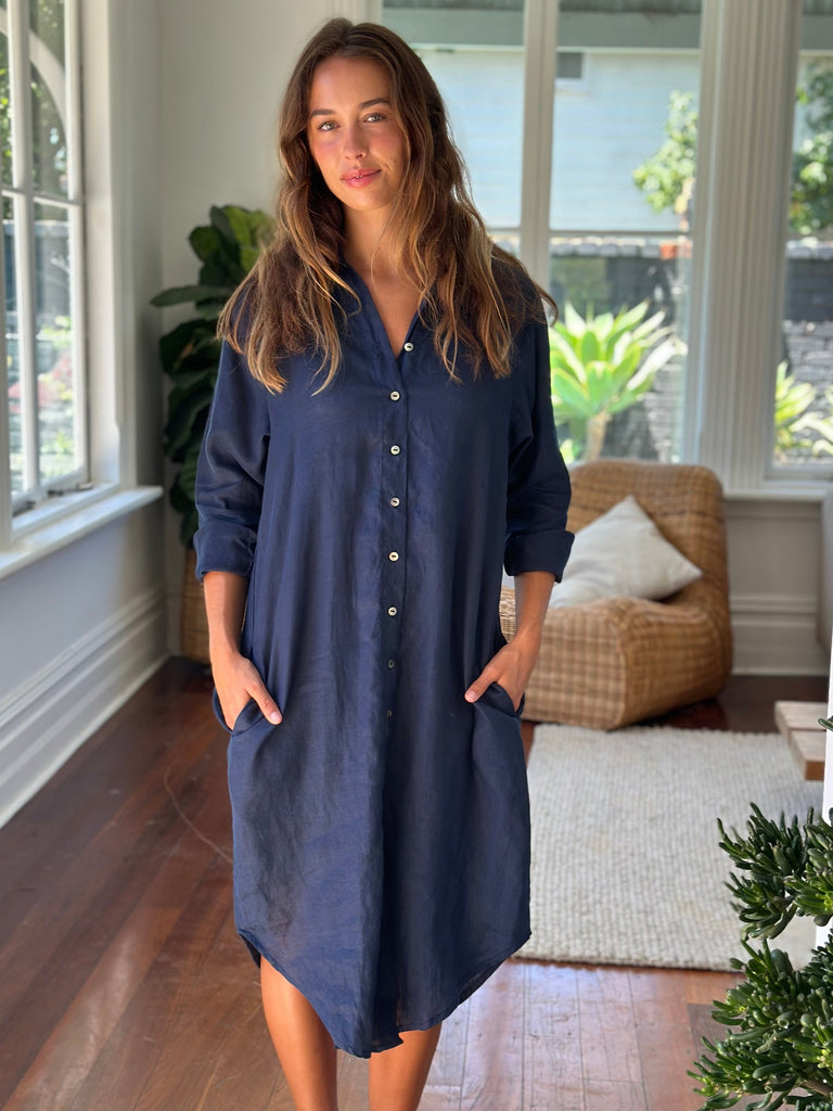 elena shirtdress - navy linen Apparel  