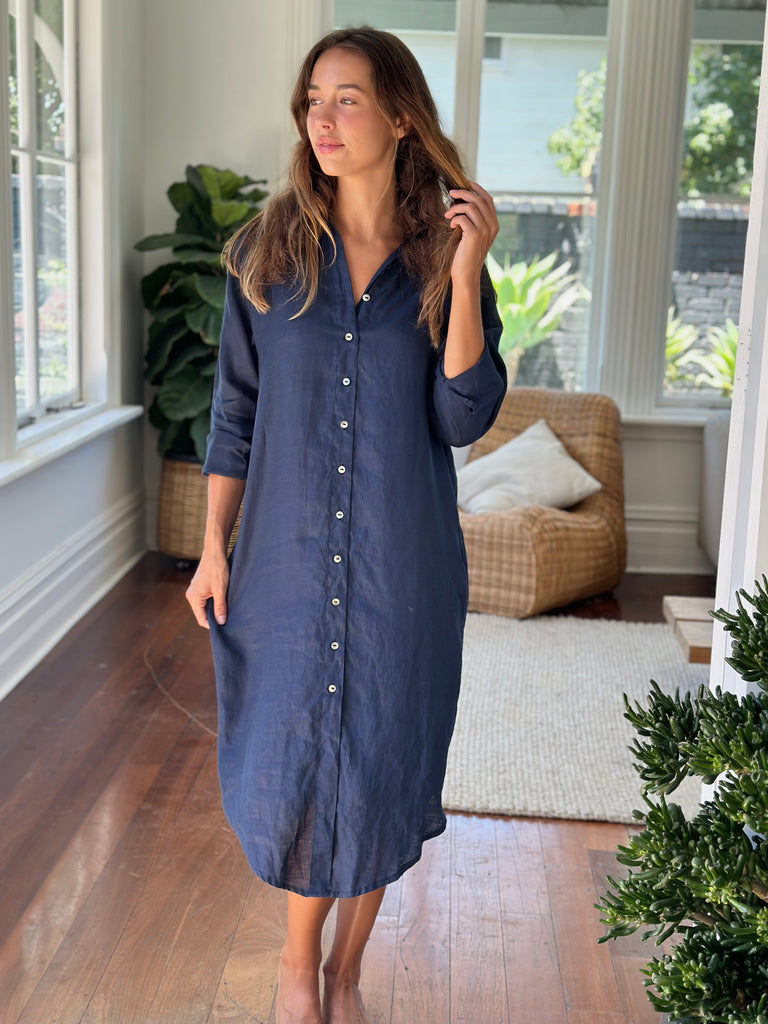 elena shirtdress - navy linen Apparel