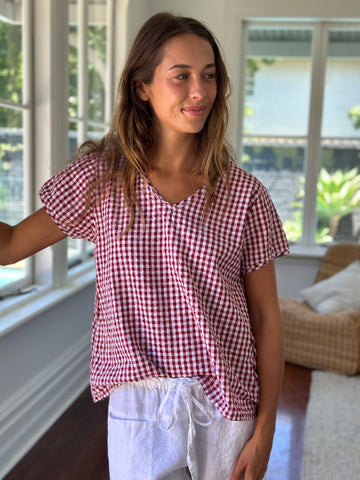 ellie top v neck - red gingham cotton Apparel  