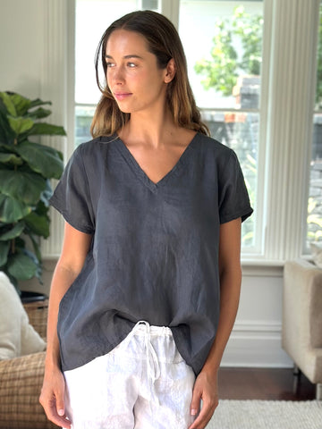 ellie v neck-charcoal linen Apparel  