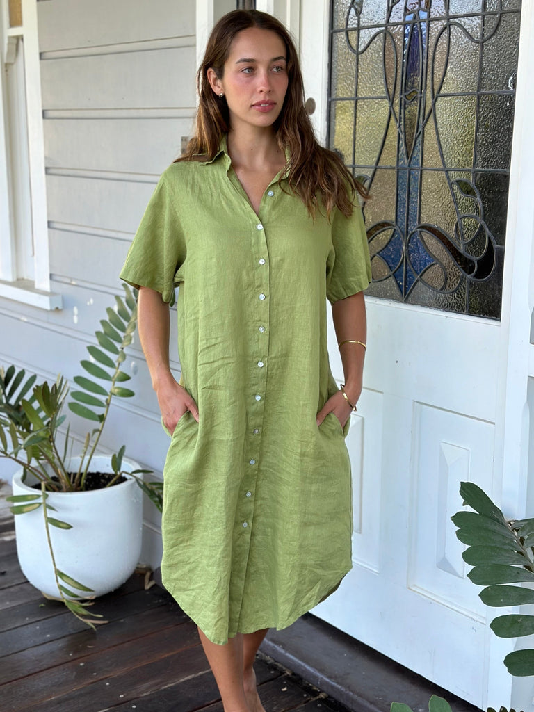 elena shirtdress s/sleeve- avocado linen Apparel