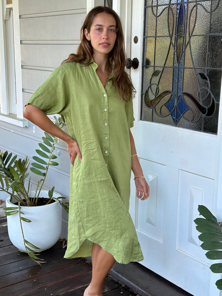 elena shirtdress s/sleeve- avocado linen Apparel