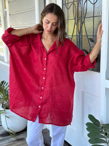 aiden oversized shirt - red linen Apparel