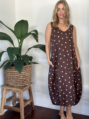 amber dress - chocolate spot linen Apparel  