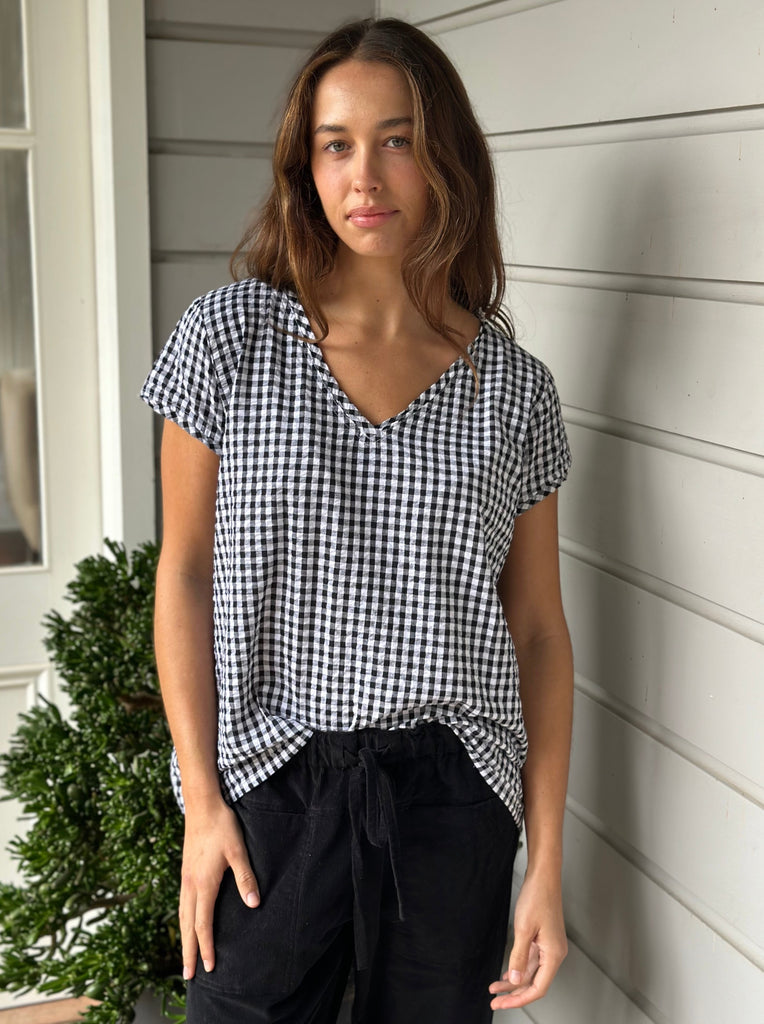 ellie top v neck - black gingham cotton Apparel  