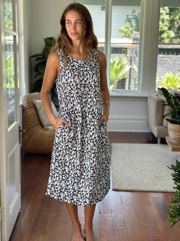 becky dress - black floral linen Apparel  