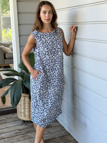 ariana dress - blue dusk floral linen Apparel