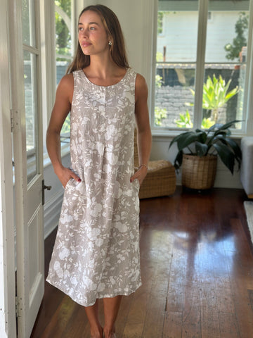 becky dress- big natural flower linen Apparel