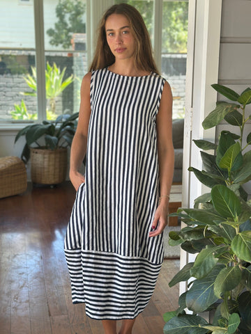 adele dress - small navy stripe linen Apparel