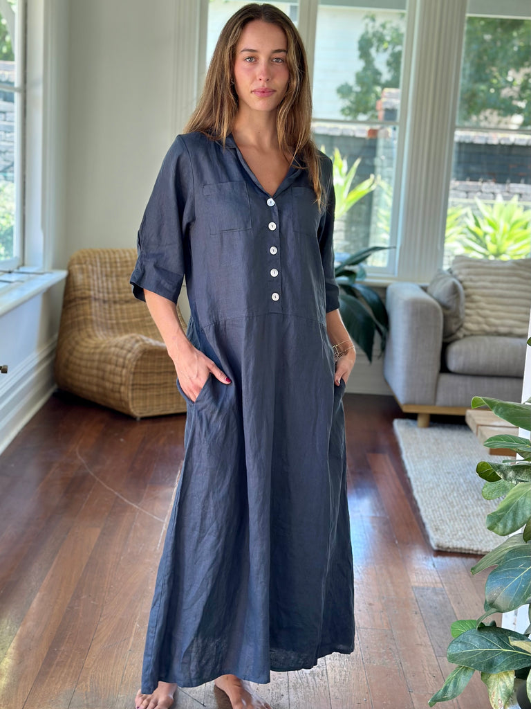 bridget dress-charcoal linen Apparel