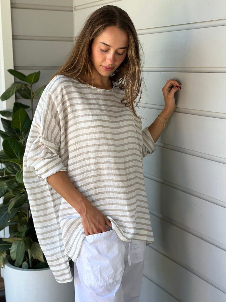 hunter top - small natural stripe linen Apparel