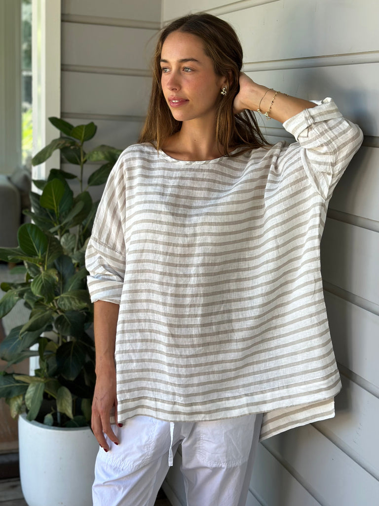 hunter top - small natural stripe linen Apparel