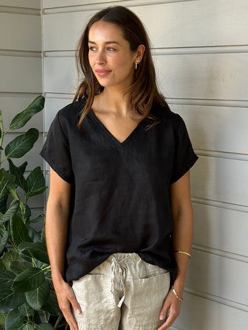 ellie v neck -black linen Apparel  