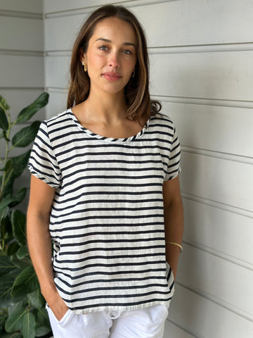 ellie round neck -  navy stripe linen Apparel  