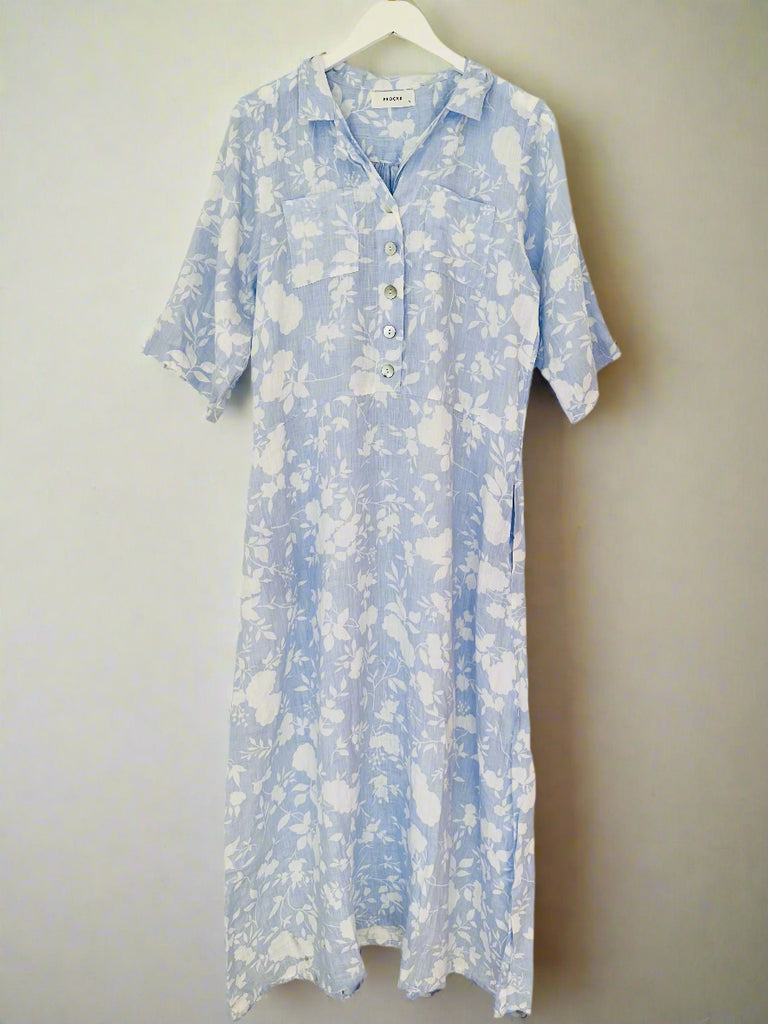 bridget dress - soft blue big flower linen Apparel