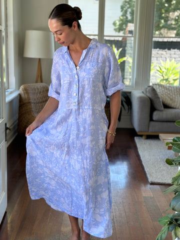 bridget dress - soft blue big flower linen Apparel