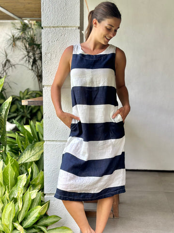 becky dress - big navy stripe linen Apparel  