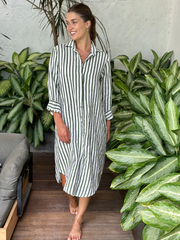 elena dress - moss stripe linen Apparel