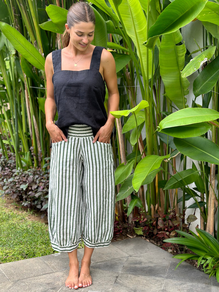 jackie pant - small moss stripe linen Apparel