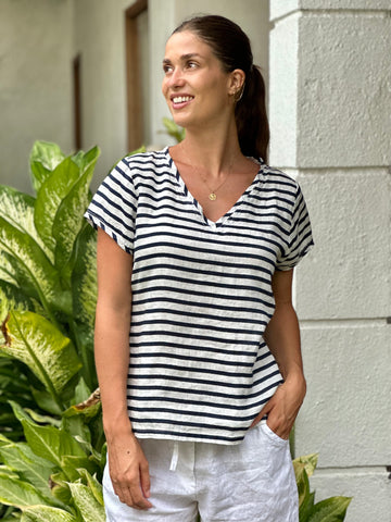 ellie top v neck -  navy stripe linen Apparel  