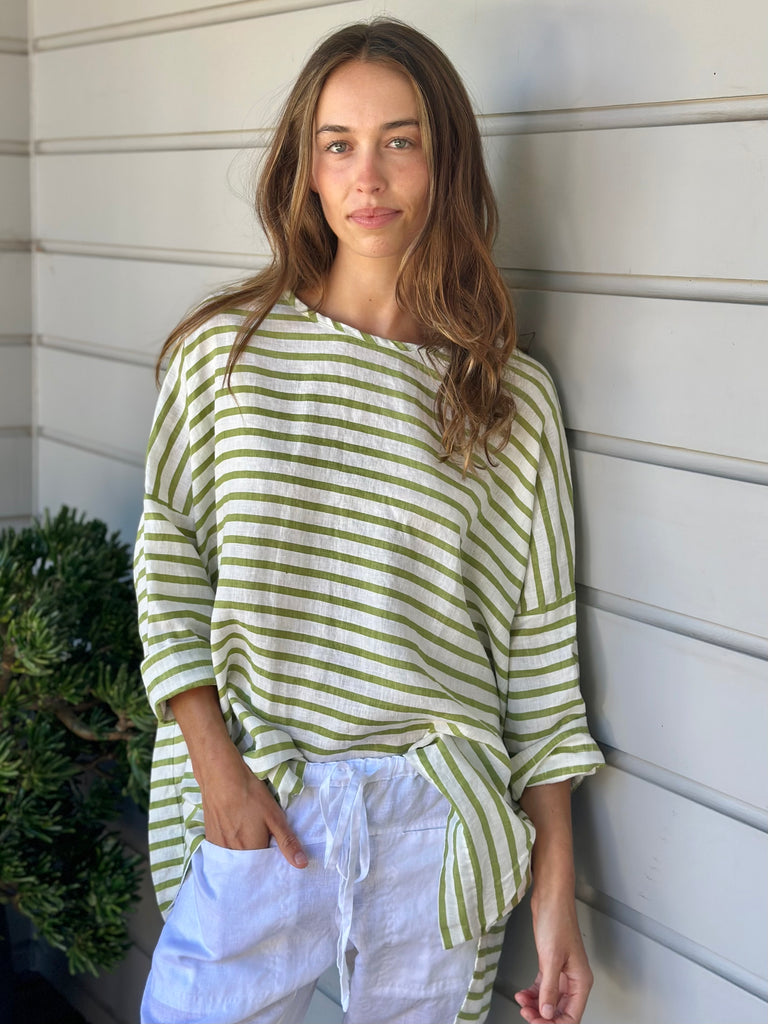 hunter top - small avocado stripe linen Apparel