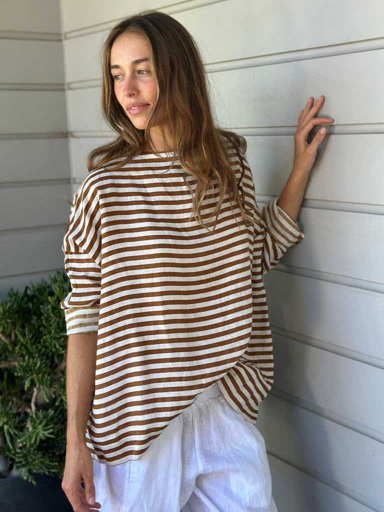 avril top - caramel stripe linen Apparel