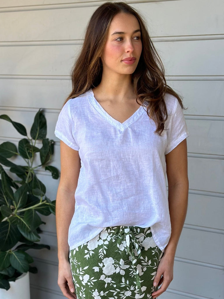 ellie top v neck-white linen Apparel  