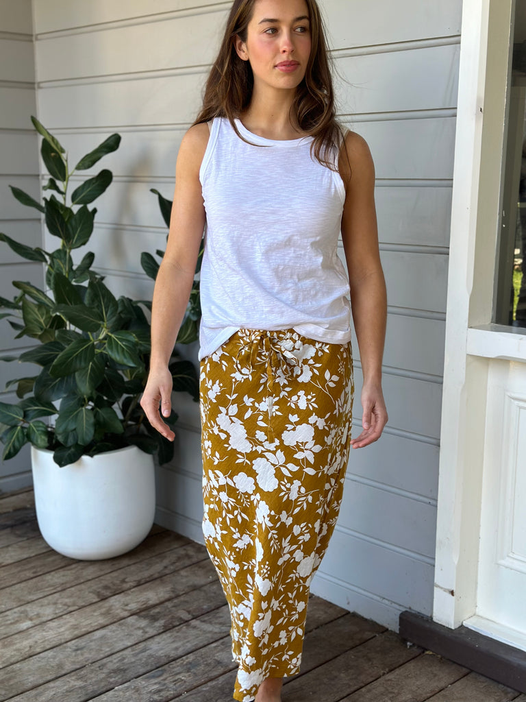 anthea skirt - big turmeric flower linen Apparel  