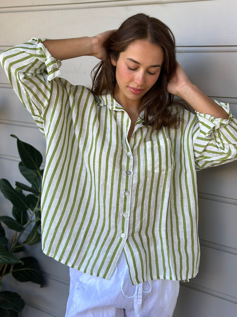 rosie shirt -  avocado stripe linen Apparel  