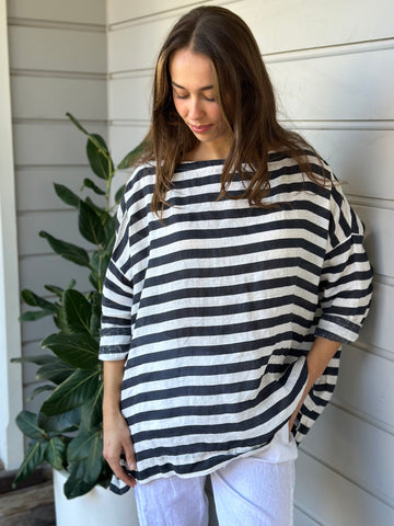 avril top - charcoal 2cm stripe linen Apparel