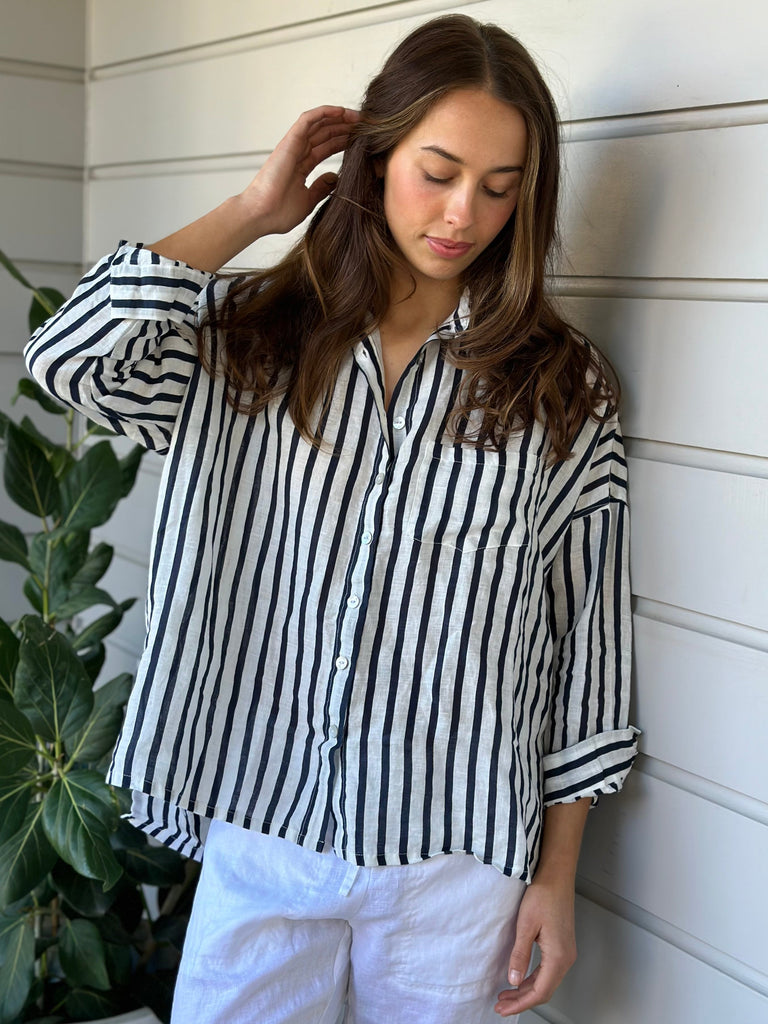 rosie shirt -navy stripe linen Apparel  