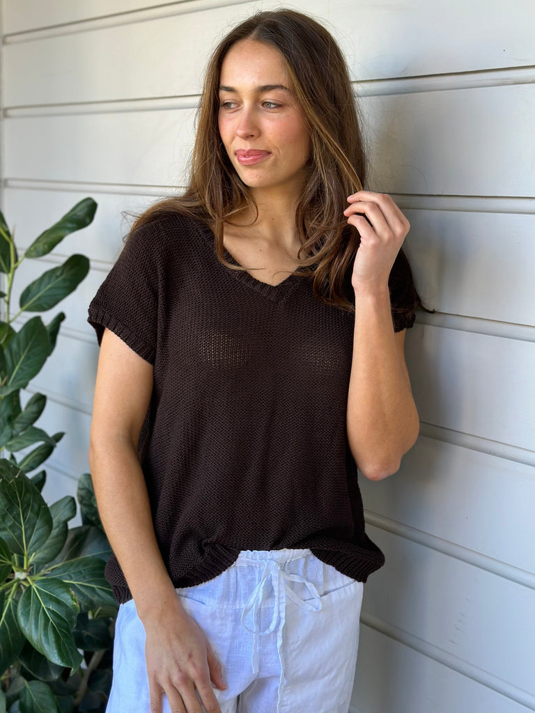 lara knit top - chocolate cotton Apparel  