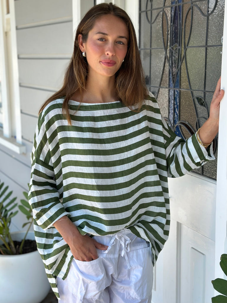 avril top - moss stripe linen Apparel  