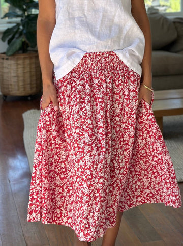 lola skirt - summer red floral linen Apparel  