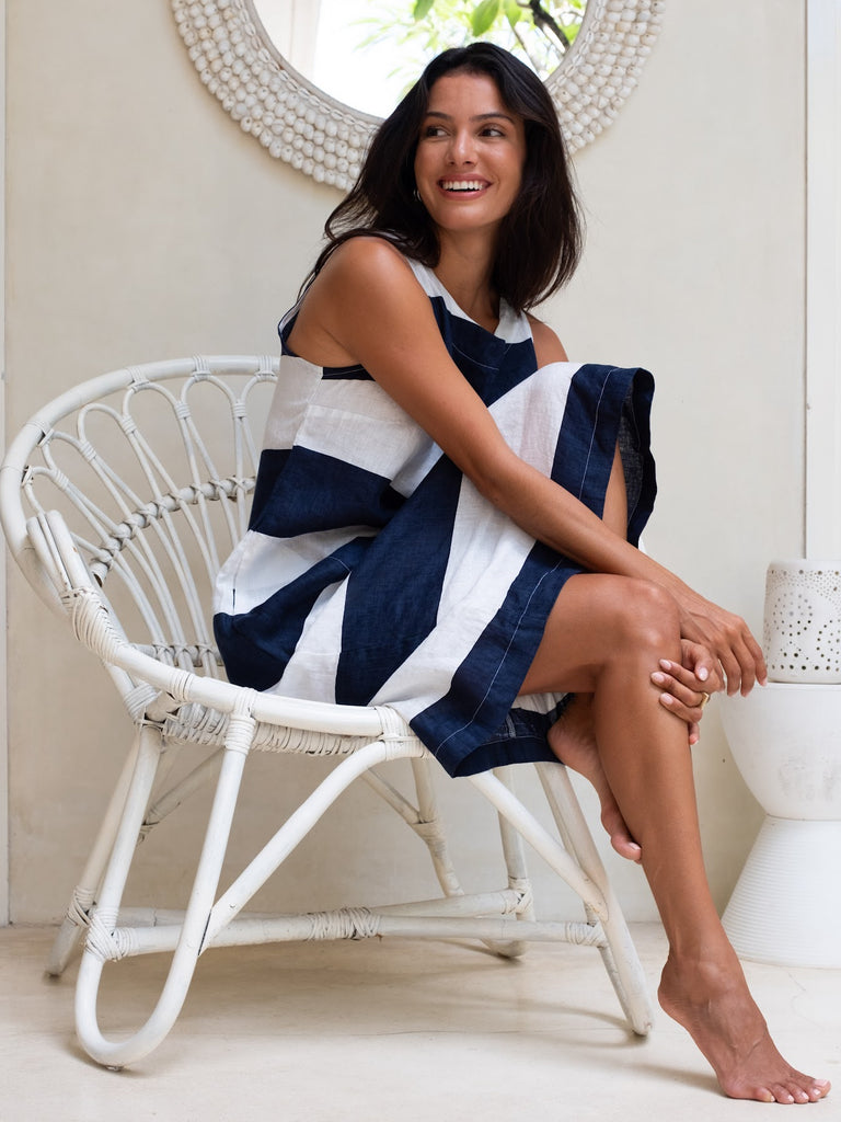 becky dress - big navy stripe linen Apparel  