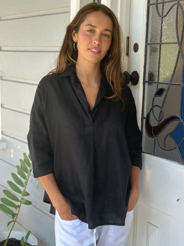 riley top - black linen Apparel  