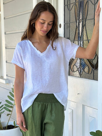 ellie top v neck-white linen Apparel  