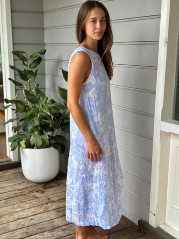 alisa dress - big soft blue flower linen dress