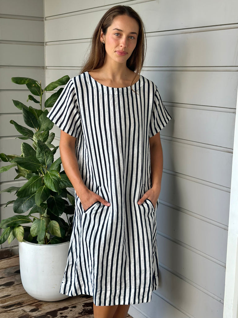 zara short sleeve dress -  navy stripe linen Apparel  