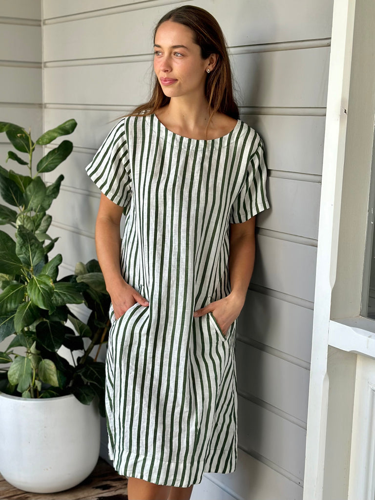 zara short sleeve dress -moss stripe linen Apparel  